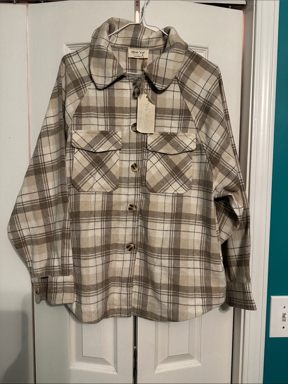 Neutral Plaid Button-Front Shacket in Beige and Brown